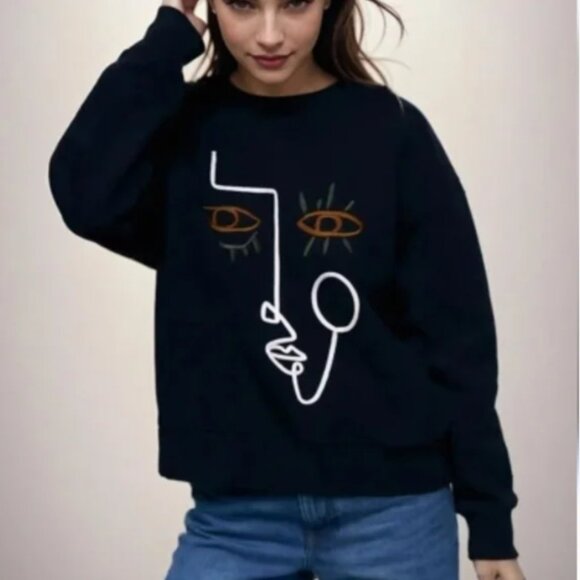 Zara Embroidered Face Crewneck Sweatshirt - Picture 1 of 5
